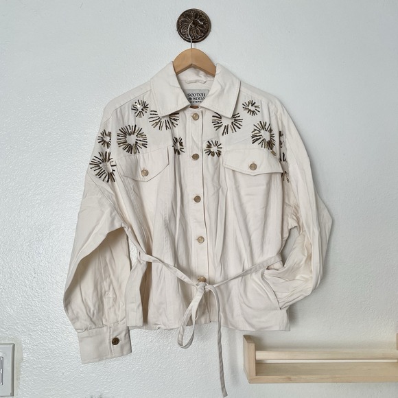 Scotch & Soda Jackets & Blazers - Scotch & Soda Amsterdam Trucker Cream Denim Jacket‎ Embellished Belted Large
